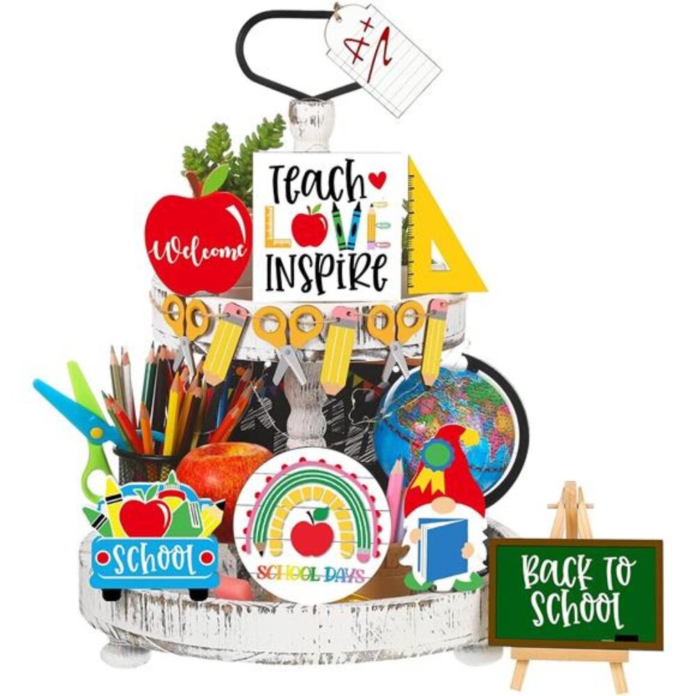 15 Pcs Back to School Tiered Tray Decor - Rustic Wooden‎ Signs & Farmhouse Set